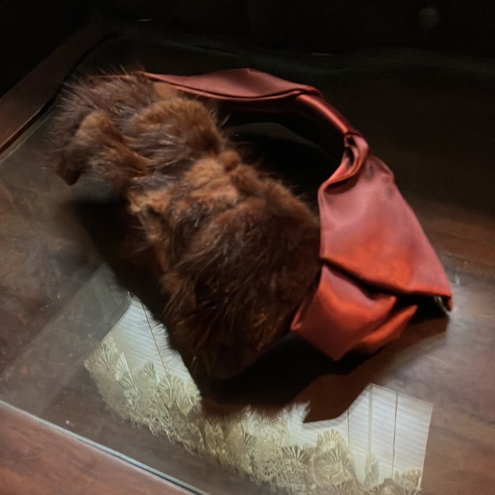 Antique Mink Fur Hat with Lg Burnt Brown Satin Bow with Open Crown